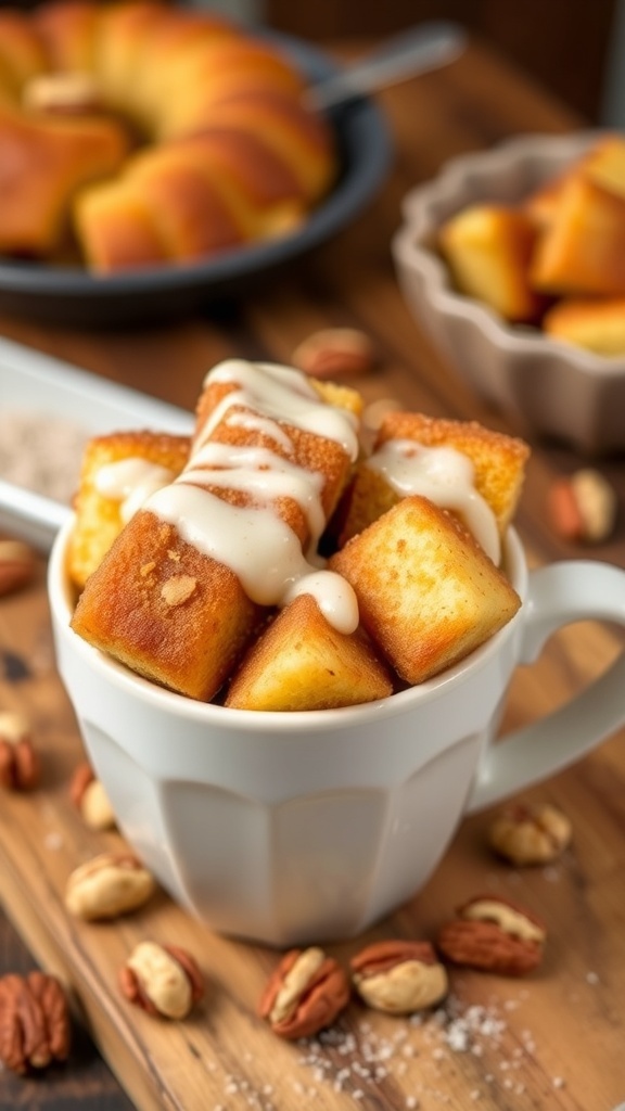 Quick Microwave Monkey Bread Recipe A mug filled with warm monkey bread, drizzled with icing and sprinkled with nuts, on a wooden table.